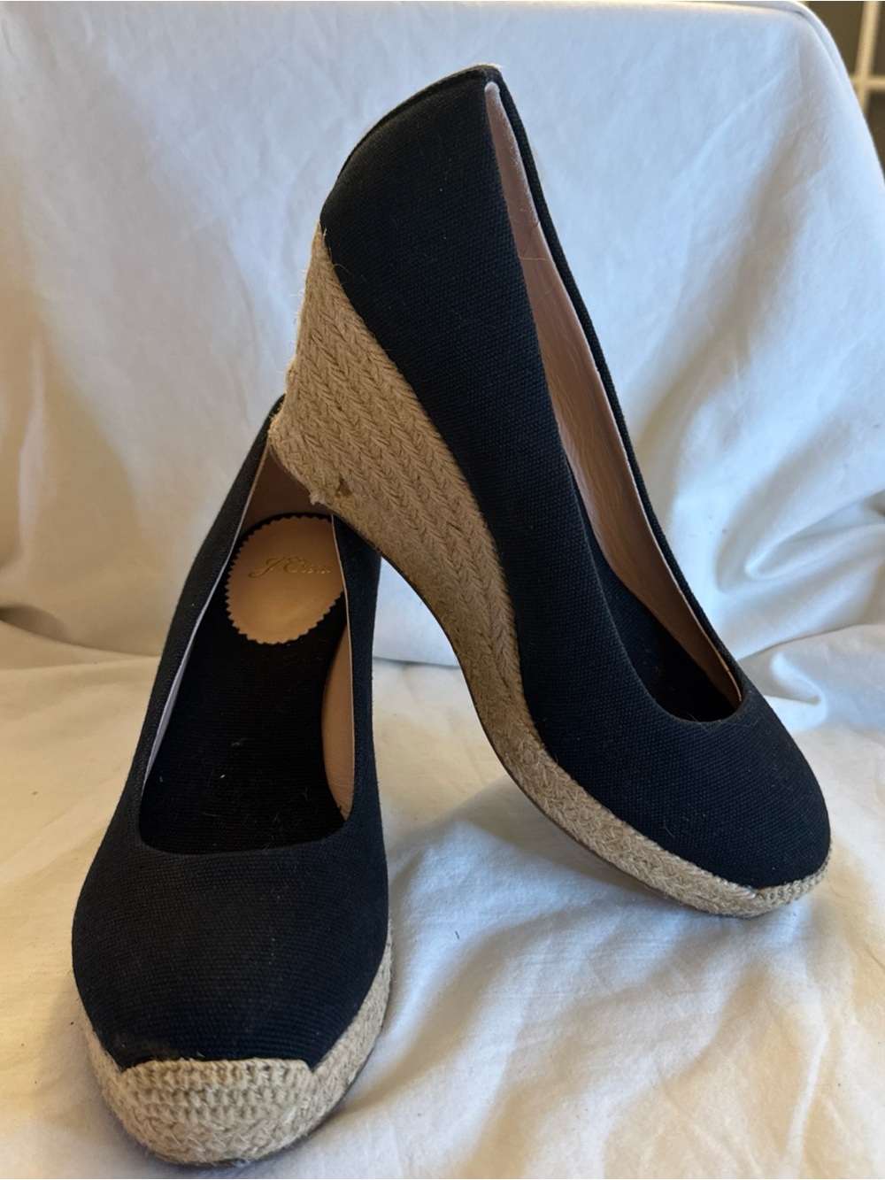 J. Crew Black Wedge Canvas Espadrille Heels Size 8  Shoes EUC Preppy
